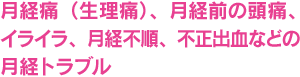 月経痛（生理痛）、月経前の頭痛、イライラ、月経不順、不正出血などの月経トラブル